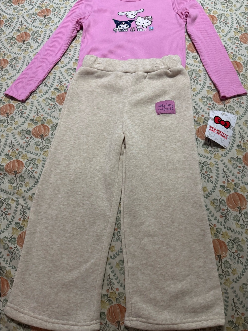 Sanrio Hello Kitty Girls 4T 2 Pc Outfit Set Pink Ribbed Top Wide Leg Pants NEW